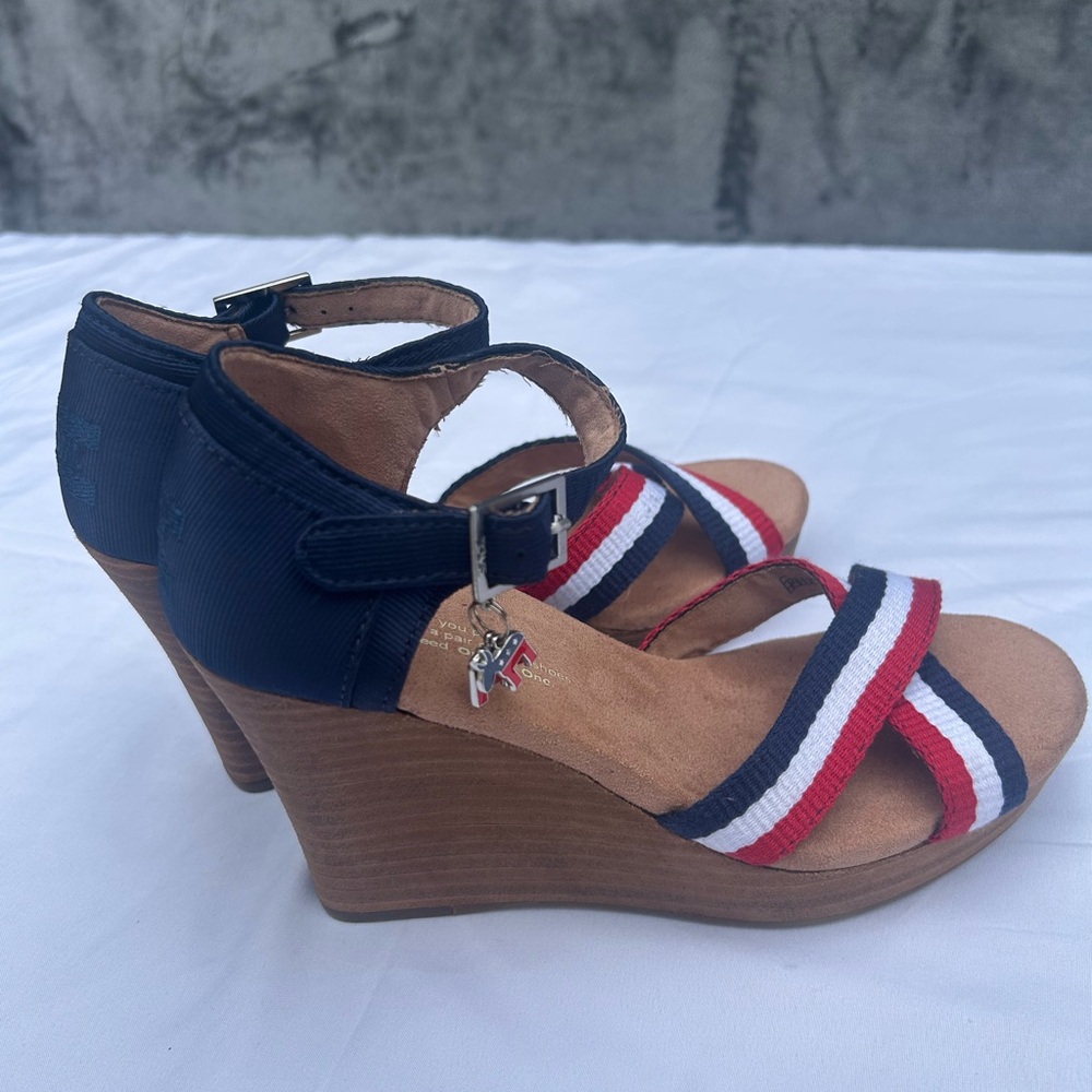 Toms Red White Blue Striped Wedge Sandals